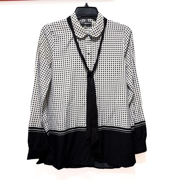 Karl Lagerfeld Paris Polka Dot Tie-Neck Blouse - Black & White Colorblock - S - Picture 2 of 8